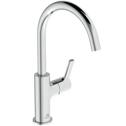 Waschtischarmatur aus verchromtem Metall von Ideal Standard, mit einem hohen Auslauf und einem Hebel zur Wasserregulierung.
